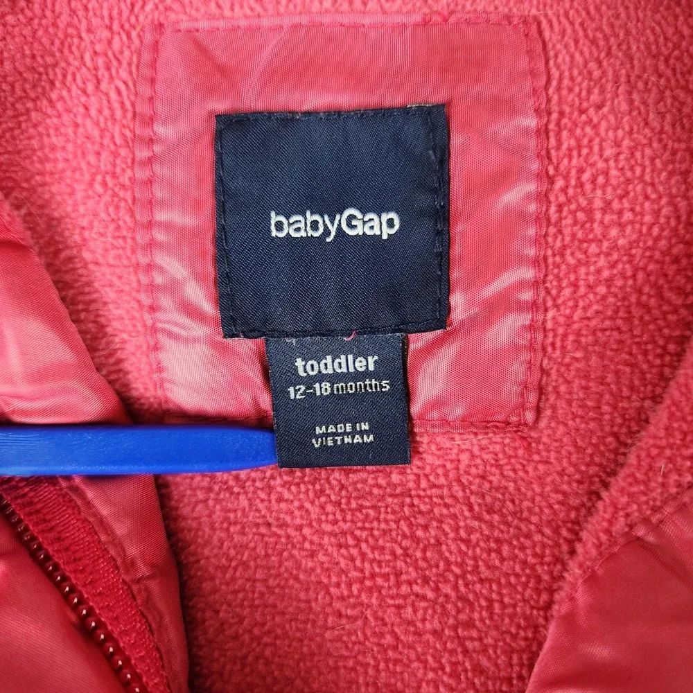 Baby Gap Puffer Jacket Toddler 12-18M Pink Down Filled Quilted Ruffle Hem Hooded